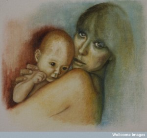 B0007445 Postnatal blues Credit: Stevie Taylor. Wellcome Images images@wellcome.ac.uk http://images.wellcome.ac.uk Postnatal blues, oil on canvas. Illustration depicting the postnatal depression that some mothers face after giving birth. Painting Published:  -  Copyrighted work available under Creative Commons by-nc-nd 2.0 UK, see http://images.wellcome.ac.uk/indexplus/page/Prices.html